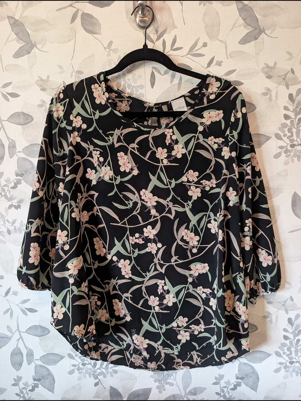 Women’s Floral Blouse - Black with Pink & Green Print